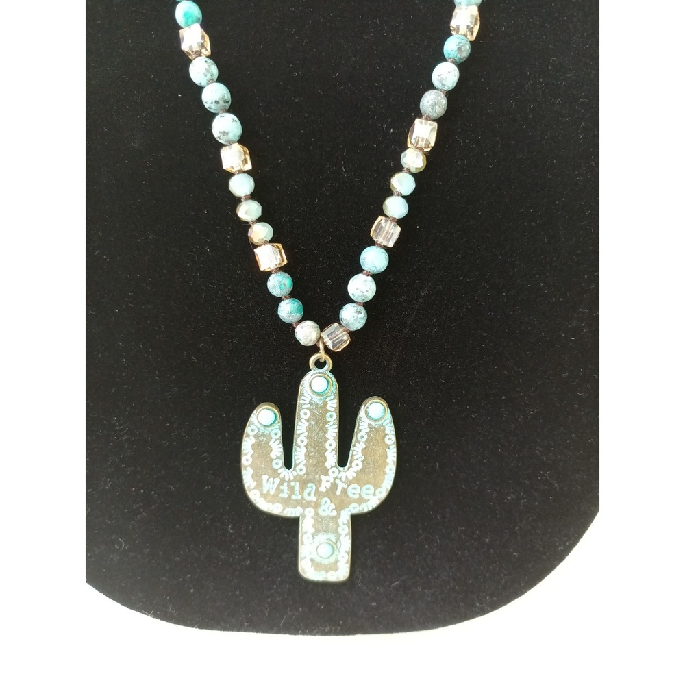 Wild & Free Cactus Pendant Beaded Necklace Turquoise Bronze Boho Southwestern - Picture 2 of 9